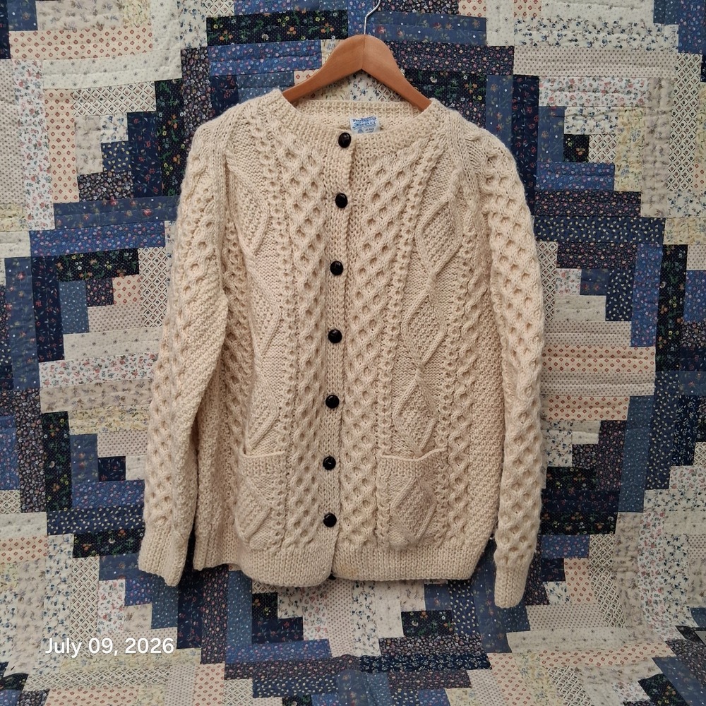 Vintage John Molloy Fisherman Cardigan Sweater Womens Large Cream Cable Knit
